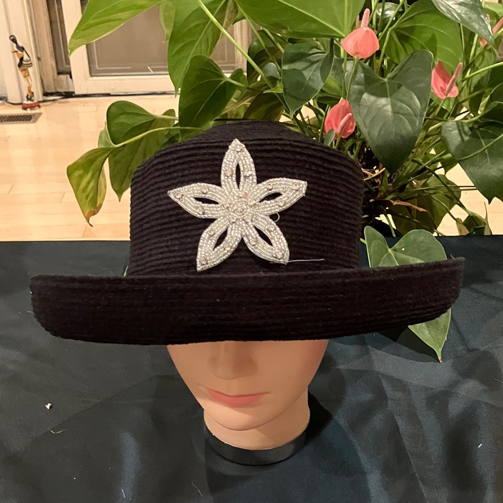 Elegant Black Hat with Silver Rhinestone Beaded Floral Accent